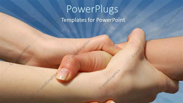  Presentation with helping hands - Three hands holding each other on a blue shy background