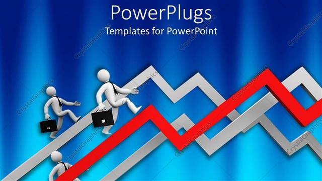  Presentation with growth human - Three human characters running up three zigzag lines on a blue background