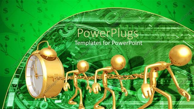  Presentation with alarm - Three human figures chained together with an alarm clock on a green background