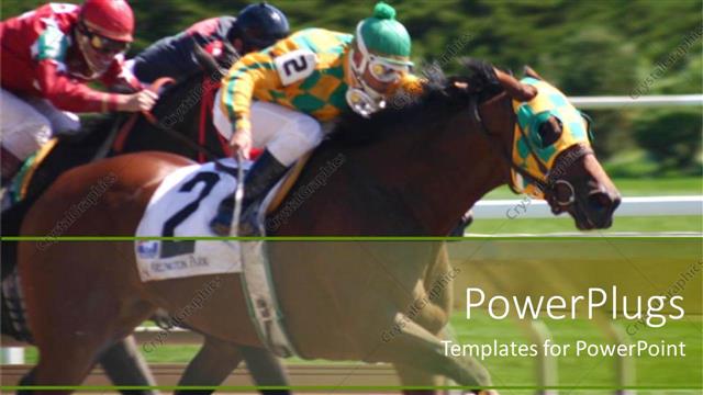  Presentation with horses - Three humans on horses racing on an open field