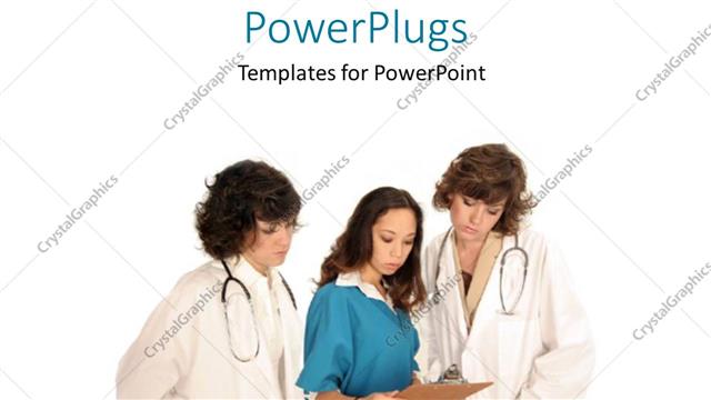  Presentation with coats - Three ladies in lad coats and stethoscopes looking at a report