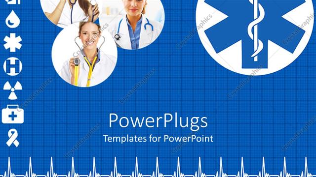  Presentation with collage medical - Three lady doctors, different signs of medical background and heart beat pattern on blue background