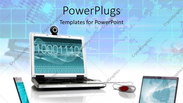  Presentation with computers - Three laptops with binary code, flat world map background, IT, global communications
