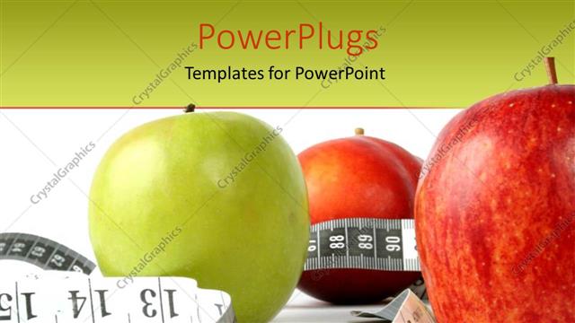  Presentation with green apples - Three large green and red apples with a measuring tape