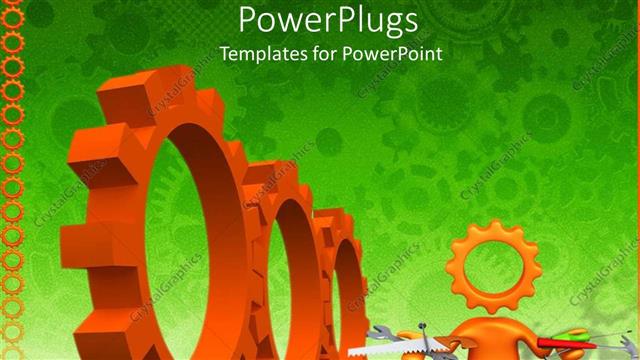  Presentation with orange colored - Three large orange colored gears on a green background