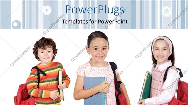  Presentation with backpacks - Three little kids with backpacks dressed for school on white background