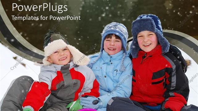  Presentation with kids playing - Three little kids dressed up in thick sweaters smiling and playing under snow