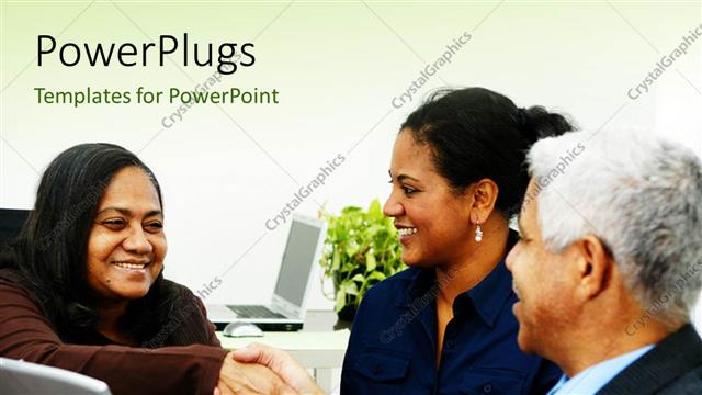  Presentation with shaking hands - Three matured business people having a meeting and shaking hands