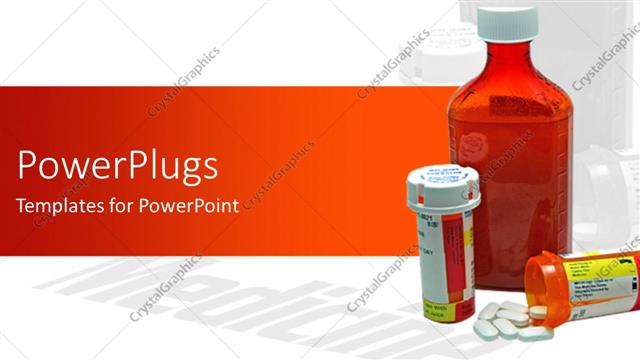  Presentation with medicine - Three medicine bottles, one overturned and spilling tablets on white?background