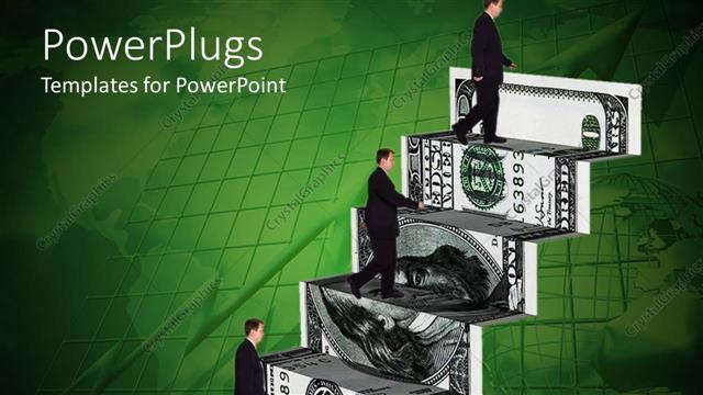  Presentation with climbing - Three men in business suits climbing stairs made from folded hundred dollar bill