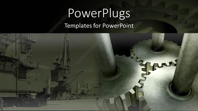  Presentation with industry - Three meshing gears next to factory in gray background
