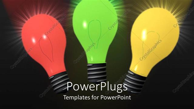  Presentation with idea - Three multi colored shinning bulbs over a black background