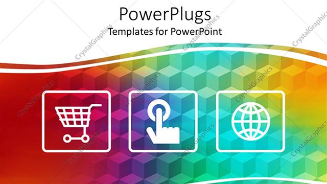  Presentation with band - Three online shopping depictions depicting shopping cart, finger pointing a button and shopping icon on rainbow colored band on white background