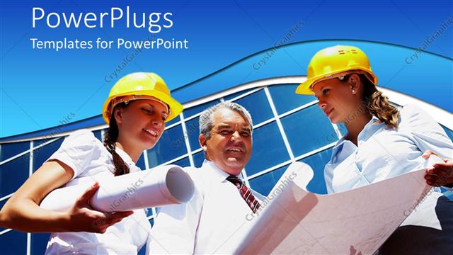  Presentation with report - Three people in construction helmets looking at a report