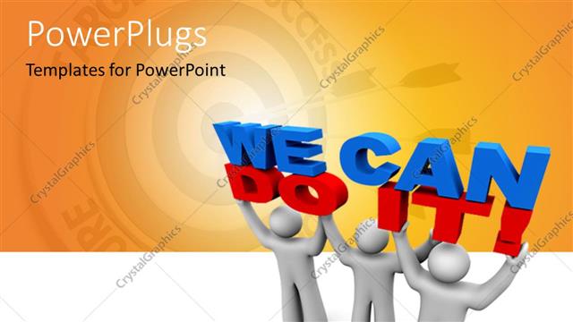  Presentation with words - Three people holding the words we can do it with yellowish background