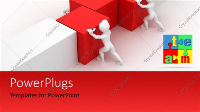  Presentation with team work - Three people pushing the boxes with white background