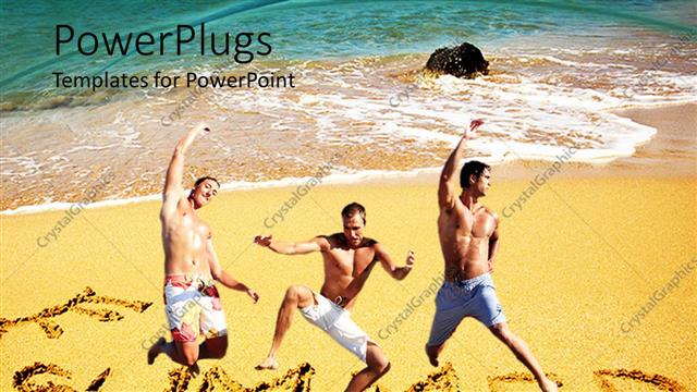  Presentation with holiday - Three persons jumping in the air with sea in the background