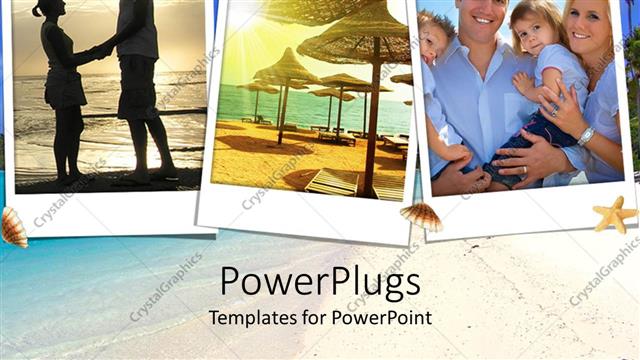  Presentation with lovers - Three pictures showing a beach, family, and two lovers