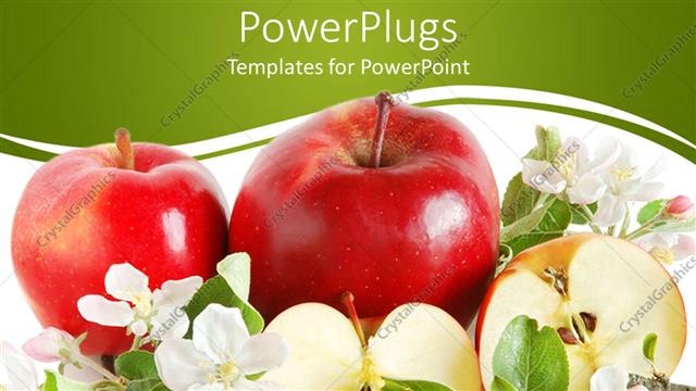  Presentation with green apples - Three red apples, one cut in half, surrounded with white flowers and green leaves
