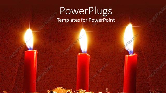  Presentation with red gold - Three red burning candles on holiday decoration with red and gold