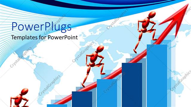  Presentation with climbing chart - Three red figures climbing blue bar chart with crimson upward pointing arrow on map background