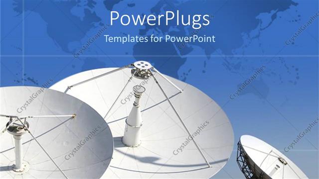  Presentation with plain blue - Three satellite dishes over plain map of world on blue background