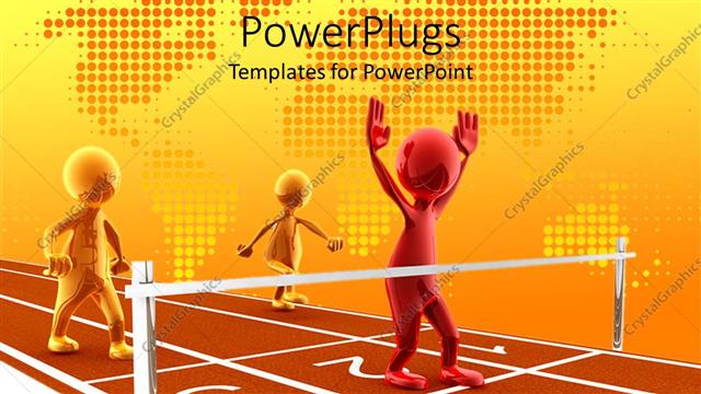  Presentation with race track - Three shinny human figures close to the finish line on a race track