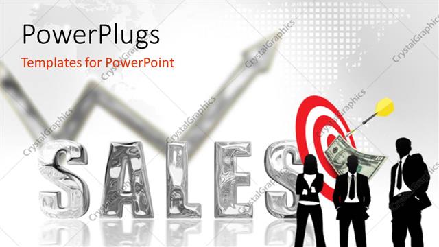  Presentation with sales - Three silhouettes next to silver three dimensional word Sales