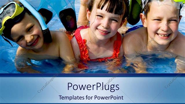  Presentation with children playing - Three smiling children playing in a pool on grass