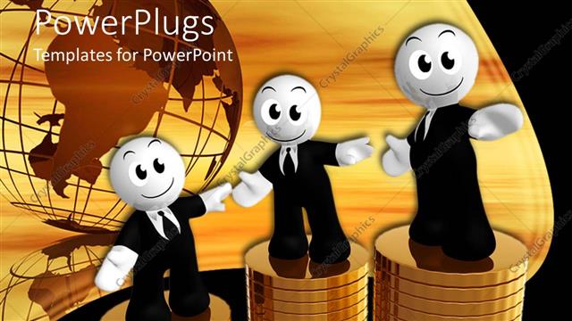  Presentation with winner - Three smiling figures wearing business suits standing atop stacks of gold coins in front of globe