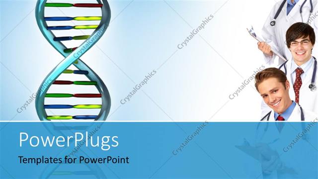  Presentation with medical dna - Three smiling medical doctors with colorful DNA strand over blue background