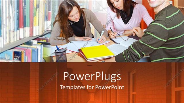  Presentation with study - Three students in study group inside library with boy smiling