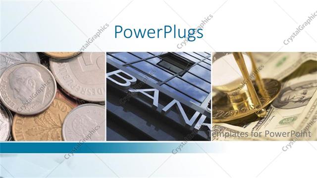  Presentation with tiles - Three tiles with some coins, some dollar bills and a bank