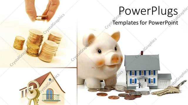  Presentation with house key - Three tiles showing stacked up coins, a house and a key with a piggy bank