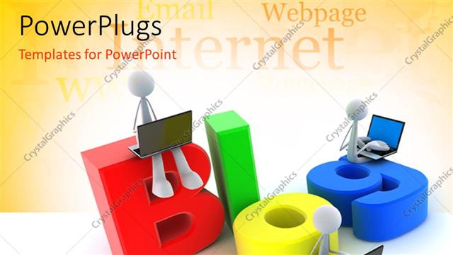  Presentation with blog - Three white 3D characters with laptops sitting on some colorful text