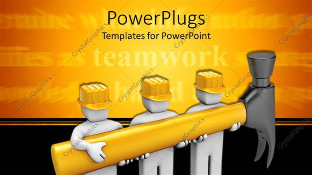  Presentation with teamwork - Three white human figures with yellow caps holding a hammer