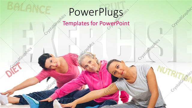  Presentation with balance diet - Three women exercising on floor with texts DIET, NUTRITION and BALANCE