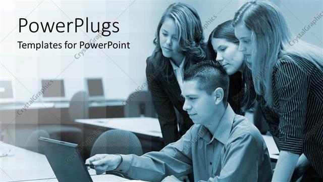  Presentation with women meeting - Three women gathered around man sitting at a laptop