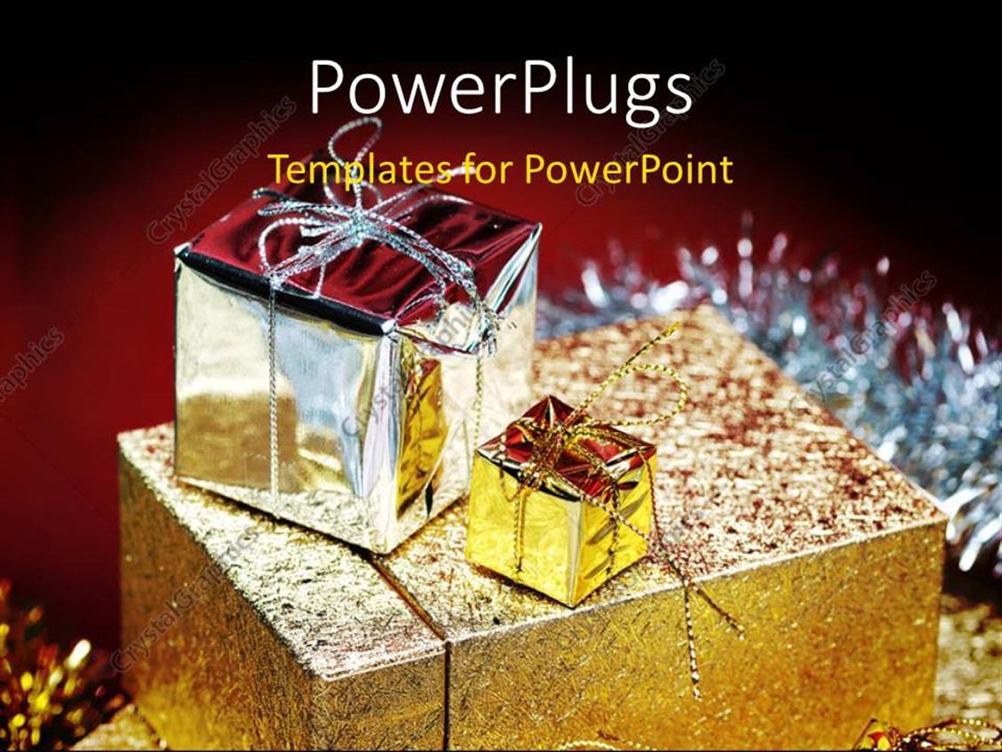 PowerPoint Template three wrapped gift boxes on a red background (13516)
