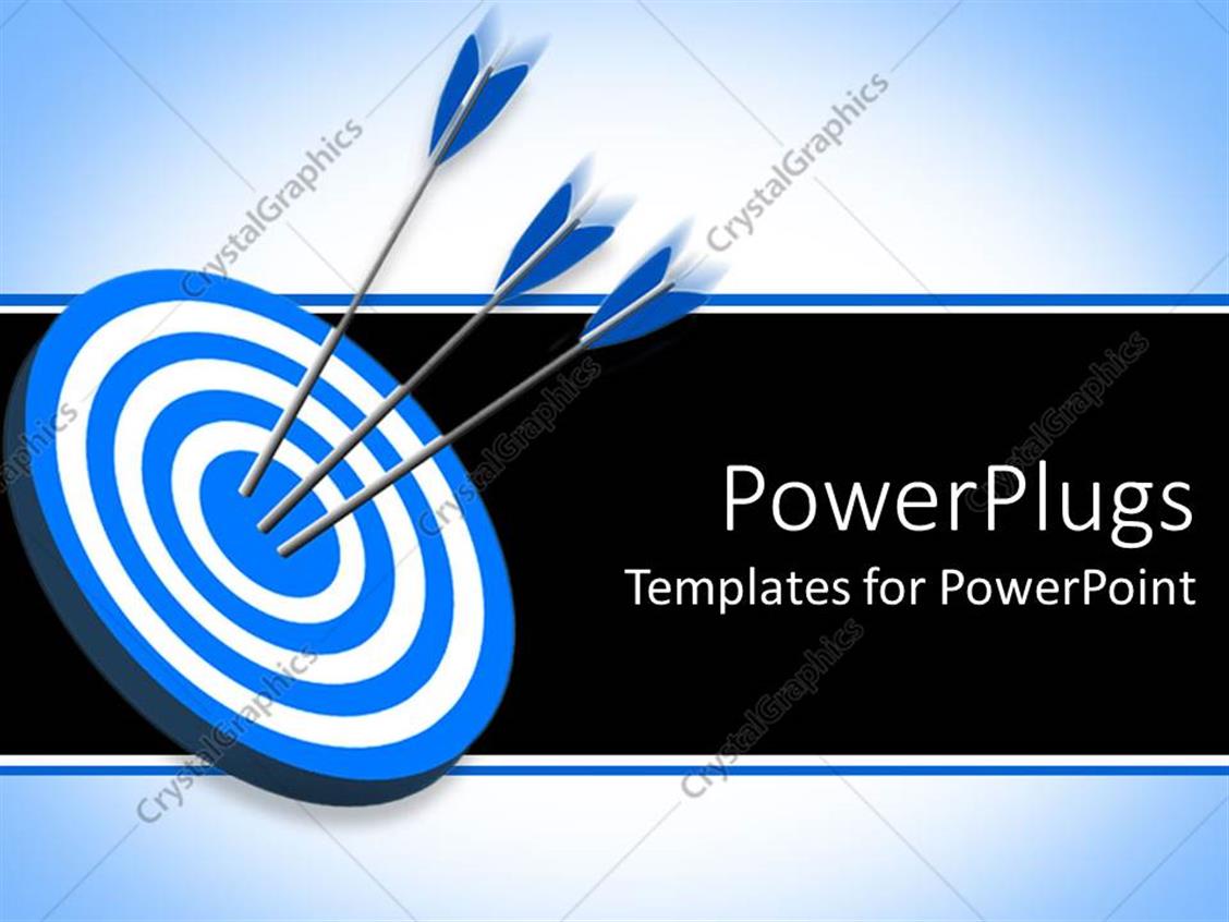 PowerPoint Template Three yellow darts shot at the center of a blue dart board (28448)