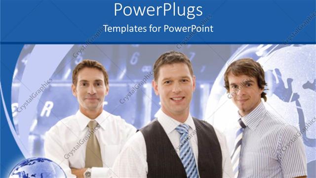  Presentation with global - Three young businessmen with keyboard and world, global business