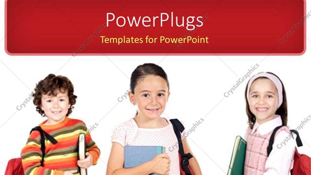  Presentation with children books - Three young children with school books and bags smiling