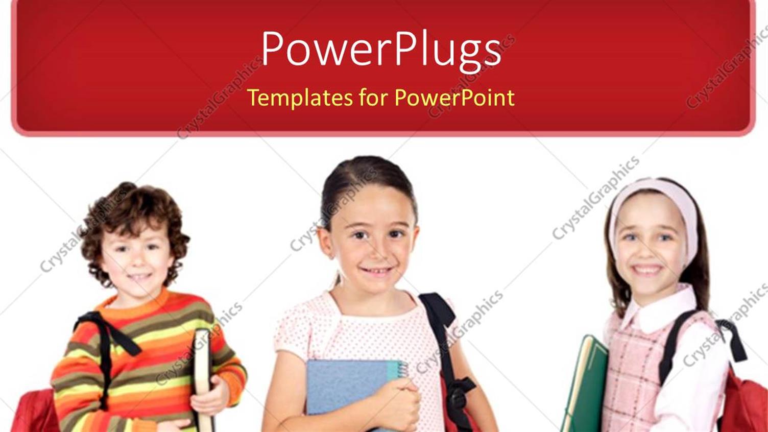 Featuring Three Young Children with School Books and Bags Smiling
