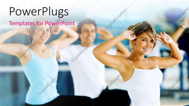  Presentation with exercise class - Three young people performing?aerobic exercise in gym class