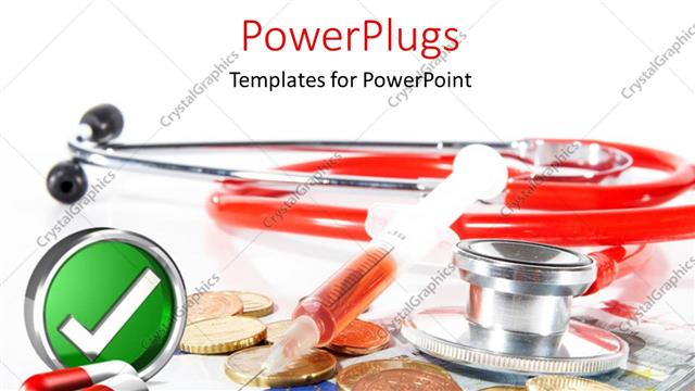  Presentation with medicines - A tick sign with a stethoscope and white background