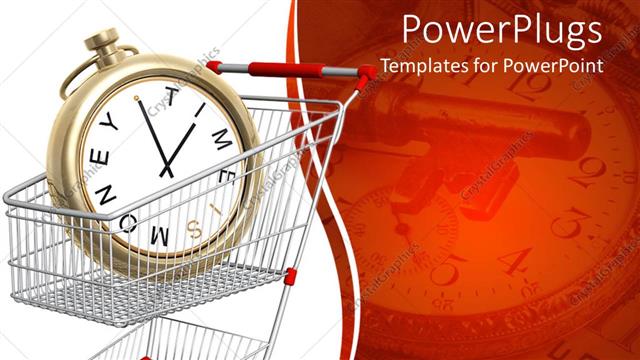  Presentation with key clock - Time is money metaphor with clock in shopping cart, key, clock and 20 dollar bill in red background