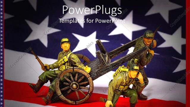  Presentation with toy - Toy soldiers with cart on American flag background, military history