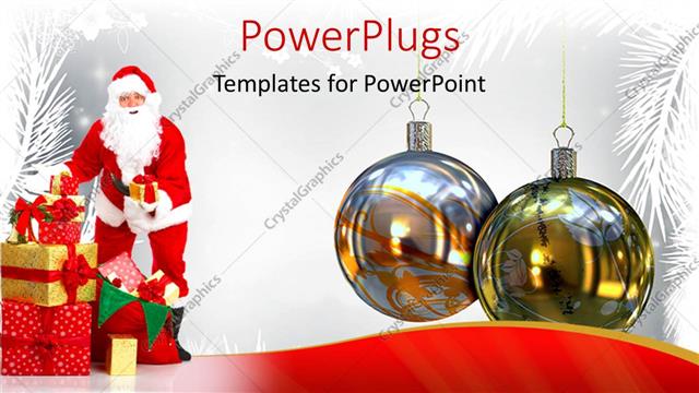  Presentation with gifts - A close up view of two Christmas ornaments with Santa clause beside them