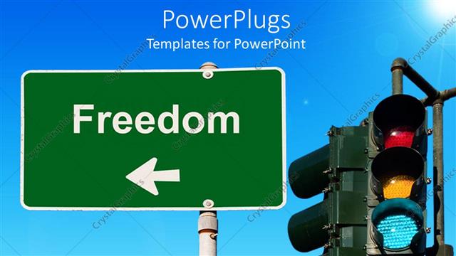  Presentation with traffic light - Traffic light beside a freedom signpost