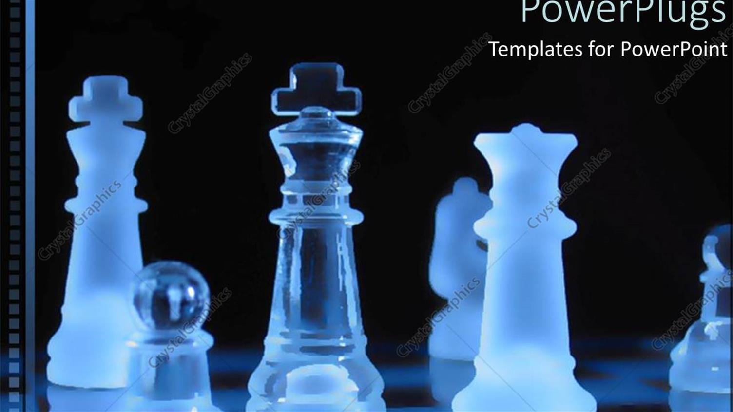 Featuring Transparent Blue Pieces on a Chess Board on a Black Background